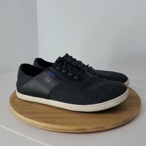 OluKai Men's Nohea Moku Hulu Leather Sneakers Black Grey Drop Heel Size 9